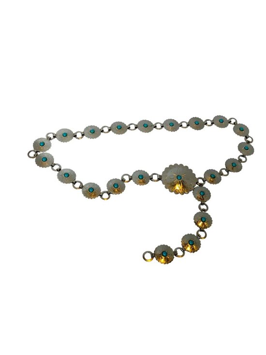 None Accessories - Silver Metal Concho Belt w/ Faux Turquoise Adjustable up to 37" Vintage Cowgirl